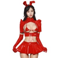 Women's Patent Leather Bunny Girl Costume - Featuring a Triangle Bra Top Ear